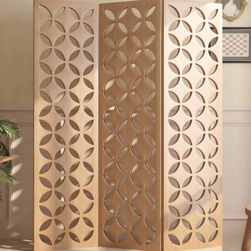 Carved wooden room divider with geometric circle pattern, decorative interior element for modern homes and living spaces.