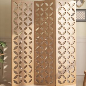 Carved wooden room divider with geometric circle pattern, decorative interior element for modern homes and living spaces.