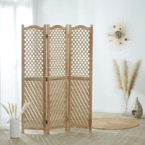 Rustic wooden room divider with lattice design for stylish space separation and privacy in interior home decor.