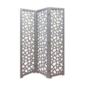 Folding decorative room divider with geometric cutout design in white material.