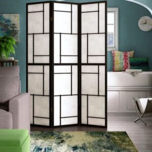 Black and white folding room divider with geometric design, ideal for interior decoration and creating privacy in living spaces. Perfect for home offices, bedrooms, or living rooms.